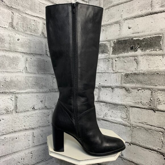 Vintage Black Leather Exposed Gold Zipper Block Heel Knee High Tall Boots - Picture 3 of 10